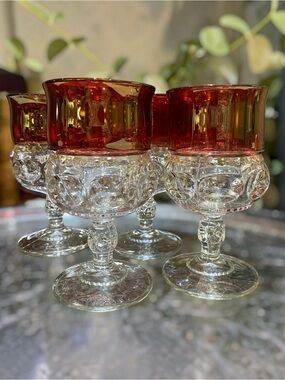 Vintage Set 4 Tiffin Kings Crown Ruby Red Thumbprint Goblet 5.75”h Water Wine